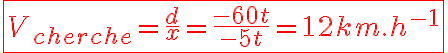 \red \fbox{ \huge V_{cherche} = \frac{d}{x} = \frac{-60t}{-5t} = 12 km.h^{-1} }